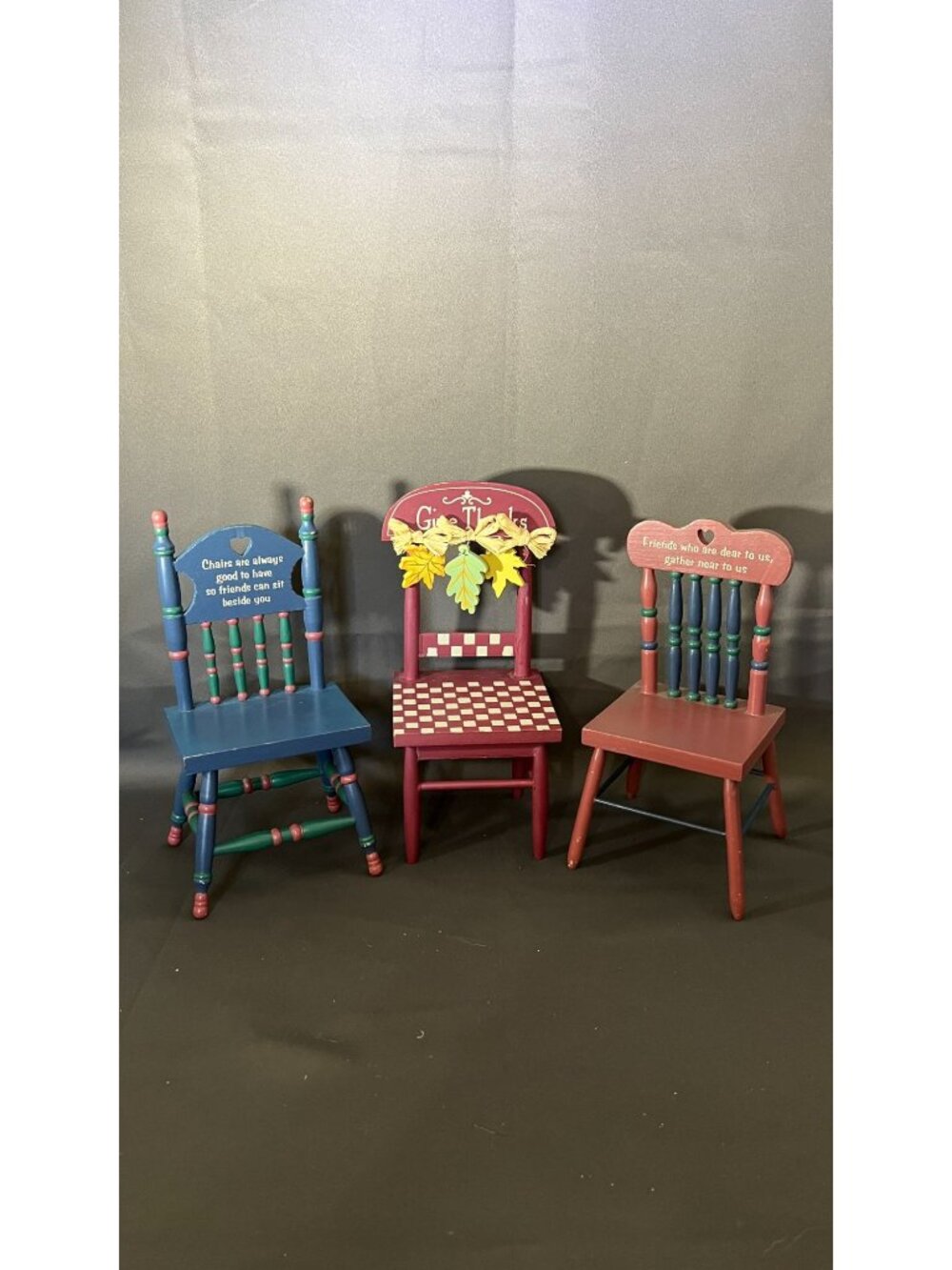 18" Doll Chairs Wood Painted Set Of 3 Folk Art Adorned